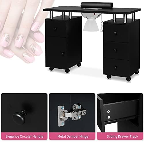 OmySalon Manicure Table Nail Desk for Nail Tech, Nail Table Station w/Electric Dust Collector, Nail Makeup Beauty Salon Storage Acetone Resistant w/Lockable Wheels,Wrist Cushion,4 Drawers&Cabinet - Image 7