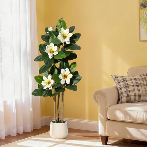4 Inch Artificial Magnolia Tree with Pot, Faux Flower Tree with White Magnolia Blooms and Green Leaves, Potted Artificial Plant for Living Room, Bedroom, Office, Entryway, Store, Home Dector - Image 6