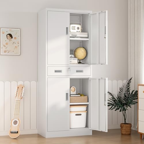 Wanfu Metal Storage Cabinet, 71" H x 28" W x 16" D Locking Storage Cabinet with 2 Adjustable Shelves and 1 Drawer for Office, Garage, Home, School, Utility(White) - Image 6