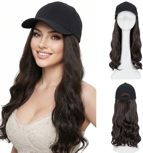 SEGO Baseball Cap with Hair Extensions for Women Heat Resistant Synthetic 16" Adjustable Long Wavy Hairpiece Replacement Wigs in Black Hat for Girls 4A Black Brown by SEGO