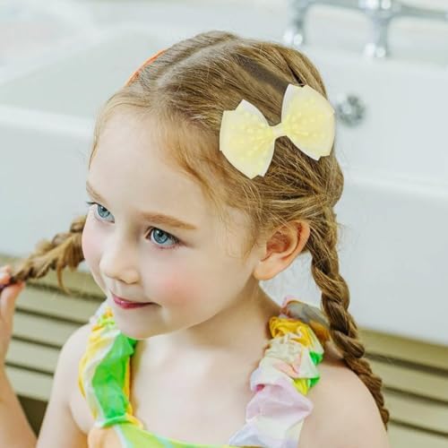 Tiny 3 Inch Dot Organza Double Hair Bow Clips - Cute Lined Boutique Alligator Hairpin for Girls, Toddlers, and Little Teens - Kids Barrettes Set of 2 Small Stylish (Yellow) - Image 2