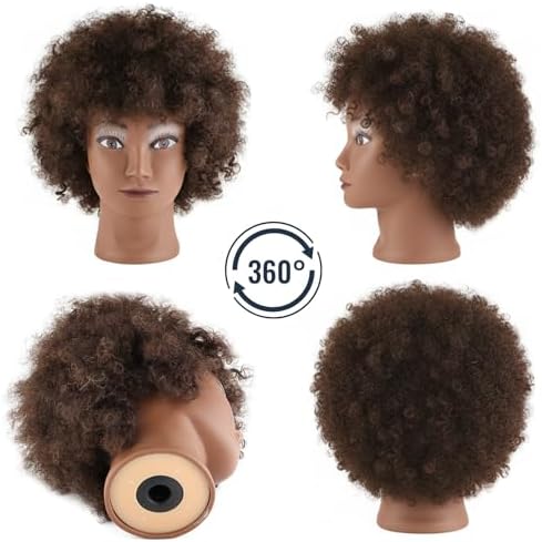 Afro Mannequin Head with 100% Human Hair Mannequin Head Curly Cosmetology for Display Practice Braiding Styling Training Head Hair Styling (Brown, 6 Inch) - Image 2
