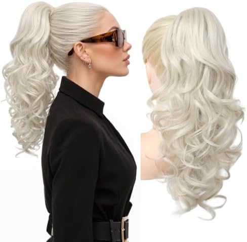 REECHO Ponytail Extension, 18" Clip in Ponytail Hair Extensions for Women, Short Wavy Synthetic Pony Tail Hairpiece for Daily Wear Cheer Dance, Platinum Blonde by REECHO