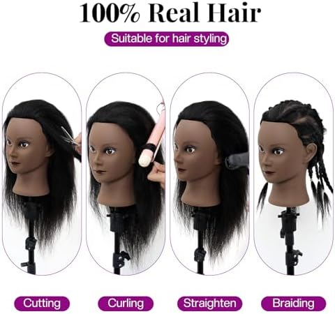 14"-16" 100% Real Hair Mannequin Head with Tripod Stand & Table Clamp, Human Hair Braiding Manikin Doll Head for Cosmetology Practice - Image 3