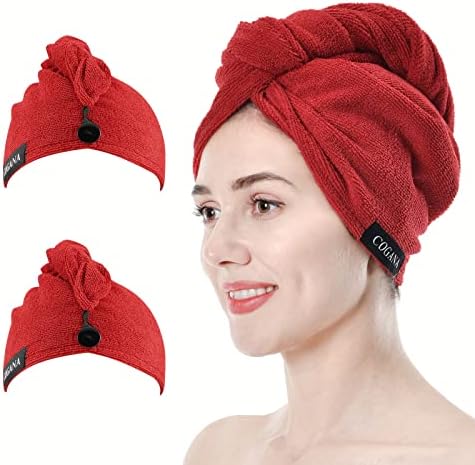 Microfiber Hair Drying Turban for Wet and Curly Hair, Wrap Towel With Button (Red, 10x28) by COGANA
