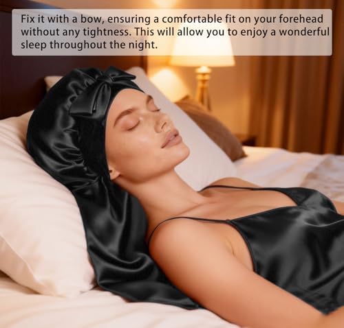 Womens 2Pcs Silk Satin Bonnet Long Hair Bonnets For Sleeping Silky Bonnet With Eye Mask Braids Curly Hairs Sleep Cap - Image 2