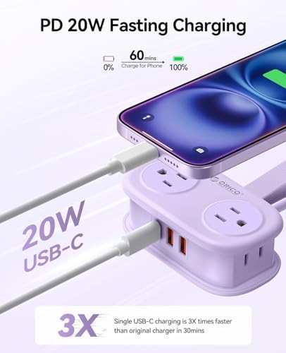 ORICO Purple Travel Power Strip with 4 AC Outlets 3 USB Ports (1 USB-C) - Image 3