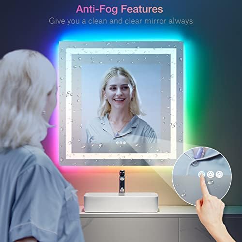 LOAAO 38"X38" LED Bathroom Mirror with Lights, Anti-Fog, Dimmable, RGB Backlit + Front Lighted, Bathroom Vanity Mirror for Wall, Memory Function, Waterproof, Tempered Glass - Image 6