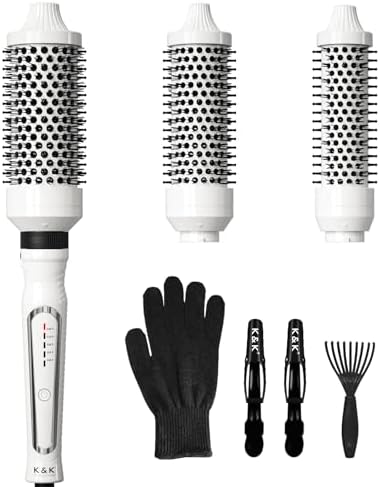 K&K 3 in 1 Thermal Brush Set, Ceramic Hot Brush, Fast Heating Curling Wand for Short, Medium & Long Hair, 5 Temperature Adjustment, Dual Voltage by KK