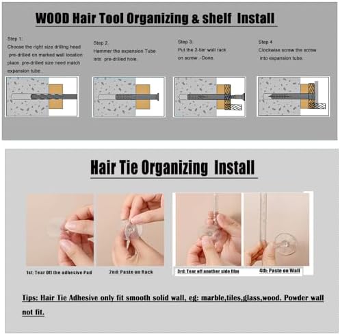 Wall-Mounted Hair Tool Organizer with Heat Resistance - Set of 2 Layer Rustic Blow Dryer Holder (White) - Image 5