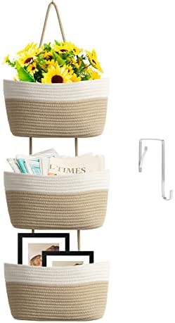 TeoKJ Over the Door Hanging Basket, 3-Tier Woven Cotton Wall-Mounted Storage Organizer Bag Decorative Hanging Nursery Baskets, White & Jute by TeoKJ