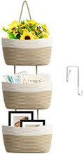 TeoKJ Over the Door Hanging Basket, 3-Tier Woven Cotton Wall-Mounted Storage Organizer Bag Decorative Hanging Nursery Baskets, White & Jute by TeoKJ