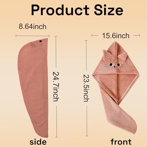 2 Pack Cat Microfiber Hair Towel Wrap for Women & Kids, Super Absorbent Hair Turban with Button, Soft Hair Drying Cap for Curly/Thick/Long Hair, Head Towel Wrap for Hair Care - Image 3