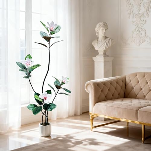 5 FT Artificial Magnolia Tree with Pot, Faux Flower Tree with White Magnolia Blooms and Green Leaves, Potted Artificial Plant for Living Room, Bedroom, Office, Entryway, Store, Home Dector - Image 5