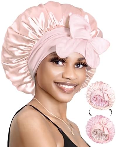 BONNET QUEEN Silk Bonnet for Sleeping Satin Bonnet with Tie Hair Wrap Double Layer Sleep Cap for Women Curly Hair, Jade Pink by BonnetQueen