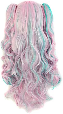 MapofBeauty Lolita Long Curly Clip on Ponytails Cosplay Wig, Pink/Blue - Image 2