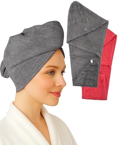 Textila 100% Cotton Hair Wrap Towels for Women (Pack of 2, Raspberry & Grey) – Soft & Absorbent Turban Towels for Long, Curly, Frizz-Prone Hair by TEXTILA
