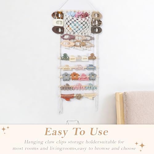 SNOWSTAR Macrame Hair Claw Clip Organizer,Large Capacity Mesh Bag Scrunchies Holder and Hair Ties Organizer for Women Girls,Hair Accessorie Hanging Storage Home Decor Wall,Door - Image 6