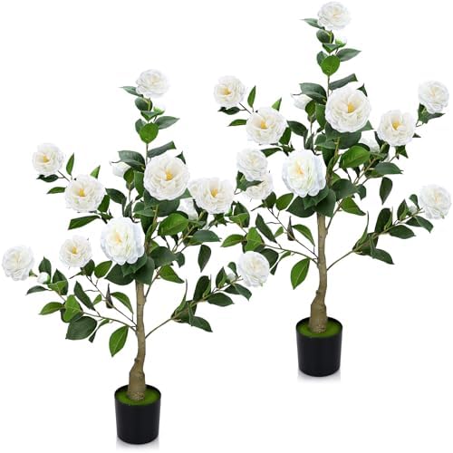 2 Pack 3FT Artificial Camellia Trees with White Flower for Outdoor by TOBILU