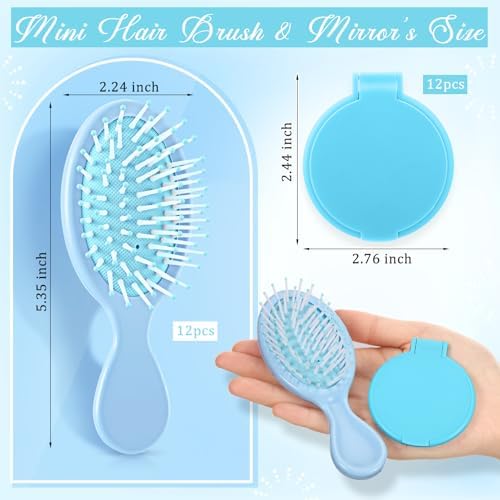 Meanplan 24 Pcs Mini Hair Brush Set 12 Travel Wet Dry Hair Combs Pocket Detangling 12 Compact Folding Makeup Mirrors for Spa Sleepover Birthday Bridal Shower Bachelorette Christmas Party Gift(Blue) - Image 2