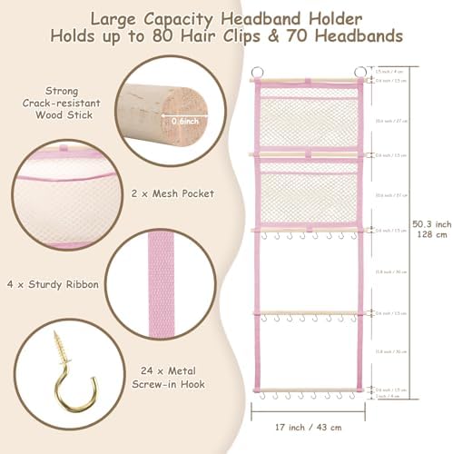 Headband Holder, 17x50 Inch Baby Bow Organizer for Girls, Pink - Image 2