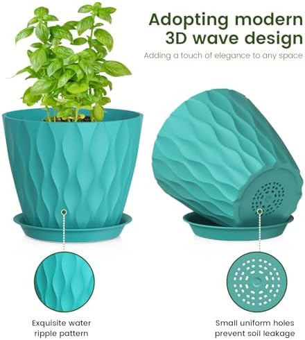 Meowell 7/6.5/6/5.5/5/4.5/4 inch Plant Pots for Indoor Outdoor Plants, 7 Pack Thick Flower Pots with Drainage Holes and Saucers, Modern Wave Texture Small Plastic Planters Nursery Pots, Blue Green - Image 3