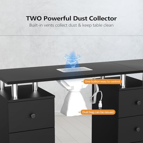 OmySalon Double Manicure Table w/Dust Collector, Nail Table Station for Nail Tech, Makeup Desk w/Wheels Arm Rest Drawers Cabinet Storage, for Beauty Spa Salon, Acetone Resistant (Black) - Image 3