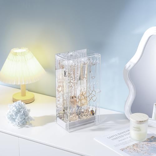 Lolalet Earring Holder Organizer, Acrylic Jewelry Organizer Rotating Clear Earrings Display Box, Dust-proof Jewelry Storage Case with Velvet Tray -Earringmirror - Image 2
