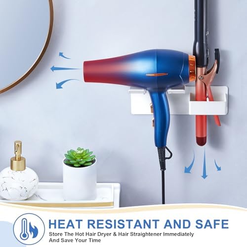 Hair Dryer Holder Wall Mounted, Hair Straightener Holder Metal, Adhesive Blow Dryer and Hair Straightener Holder, Bathroom Bedroom Hair Tool Organizer for Flat Iron,Curling Iron,Hairdryer (White) - Image 4