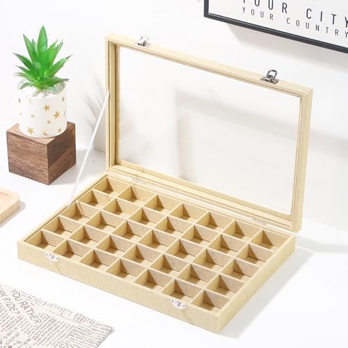 Coward Ring Earring Jewelry Organizer Box, 35 Grids Dustproof Display Holder Case, Yellow Linen Velvet Jewelry Bead Display Tray Case with Transparent Glass Lid for Momen Girls - Image 5
