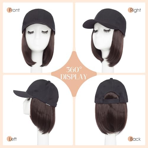 Rich Choices Hat Wigs for Women,Black Baseball Cap with Hair Extensions for Women,Short Bob Hairstyle Caps with Straight Synthetic Hair Attached Adjustable Baseball Cap Wig 6 Inch-Dark Brown Hair - Image 5