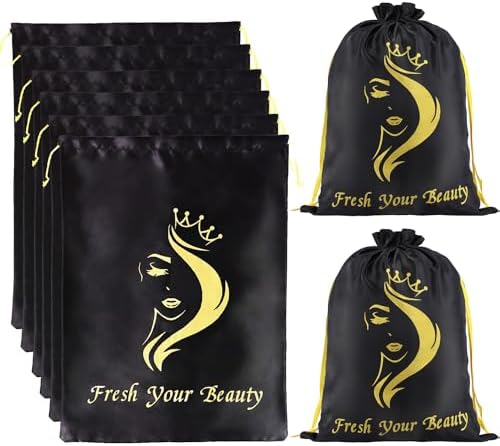 Silk Satin Pouches with Drawstring - Soft Hair Packaging Bags for Bundles, Wigs, Tools & Salon Use (6 PCS Black) by AIHOPESTO