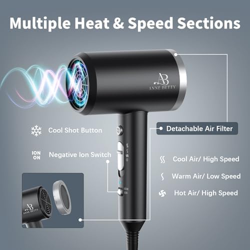 ANNE BETTY Ionic Hair Dryer with Diffuser, 1800W Blow Dryer for Women & Men, Fast-Drying, Lightweight, Low Noise, Hair Care Styling Tool for Home, Travel, Gifting - Image 4