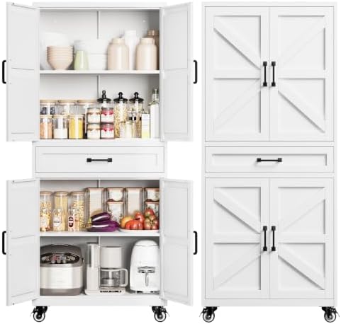 Yizosh 73" Tall White Mobile Metal Pantry Storage Cabinet with 1 Drawer by Yizosh