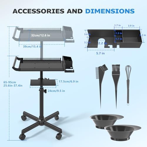 Hairstylist Tray on Wheels, Rolling Salon Tray with Holder and Hair Separator Stand, Salon Trolley Adjustable Tray with Storage Platform Dye Bowls and Tools for Hair Stylist - Image 2