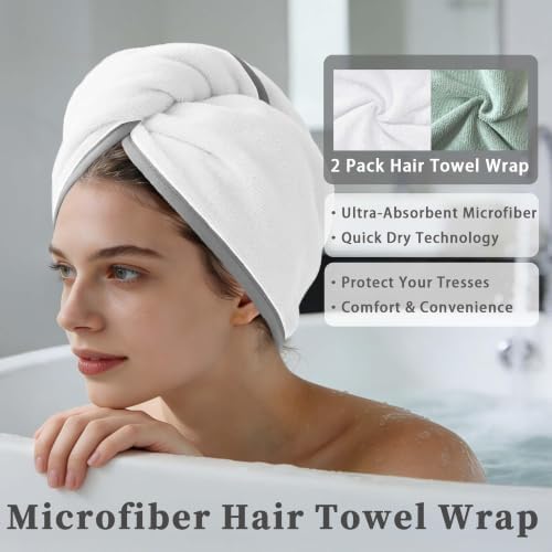 VOOVA & MOVAS Hair Turban 2 Pack,Light Gray White,Anti-Frizz Quick Dry - Image 3
