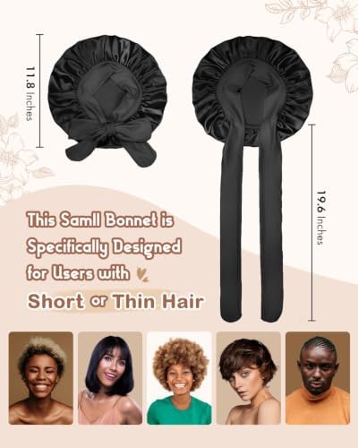 BONNET QUEEN Small Double Layer Silk Bonnet for Sleeping for Women Satin Lined Bonnet Night Cap for Short Thin Hair with Tie Band, Black - Image 3