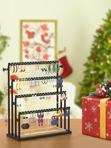 Earring Holder Organizer, 4-Tier Metal Jewelry Display Stand with Wooden Storage Organizer, Large Earring Holder for Studs, Hoops, and Dangles, Modern Jewelry Organizer for Women - Image 6
