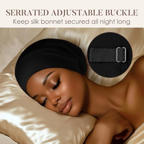 LULUSILK 100% Mulberry Silk Bonnet for Sleeping Women and Men, Black - Image 4