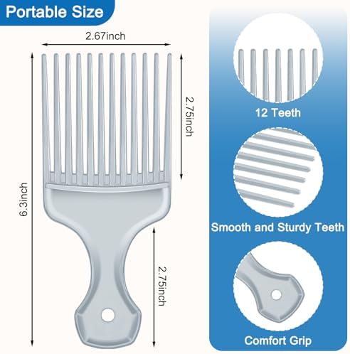 SIMPOR 2 Pcs Hair Pick Comb, Wide Tooth Lift for Hair Styling Detangling, Plastic Afro Pick for Women Men (Silver, Black) - Image 2