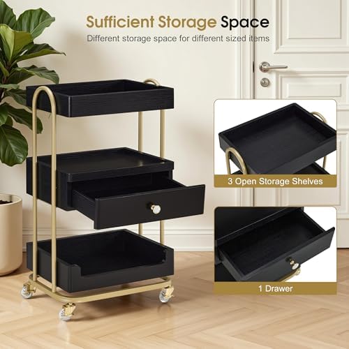 BarberPub 3-Tier Salon Trolley Cart with Drawer, Metal Frame Black 2086 - Image 5