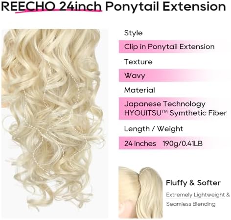 REECHO Ponytail Extension, 24" Claw Clip in Long Curly Wavy Ponytail Hair Extension Jaw Clip on Pony Tails Hairpiece for Women - Light Blonde - Image 2