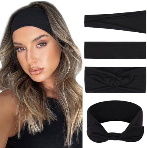 XTREND 4 Packs Black Headbands for Women ，Stretchy Anti-Slip Design Sweat Head Bands for Women’s Hair, One Set Multi Styles Fashion Headscarf For Women Yoga Workout Sports Every Day Basic Accessories by XTREND