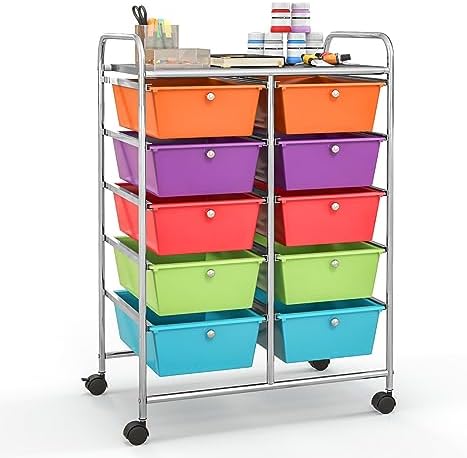 Giantex 10 Drawers Rolling Cart, Classroom Organizers, Storage Cart with Wheels, for Teacher Office Home School Supplies Tool Craft Art Paper, Rainbow Color by Giantex