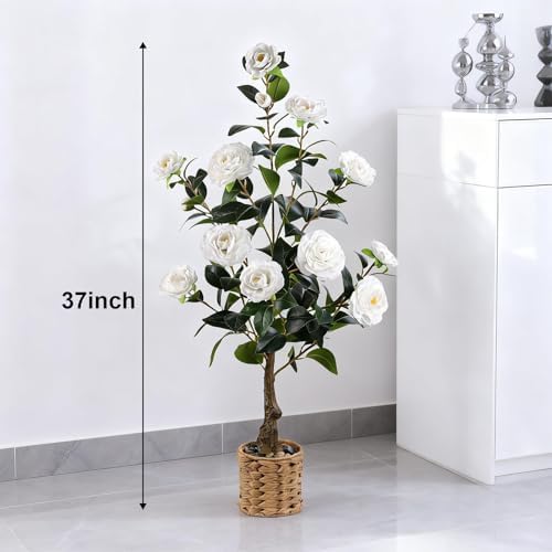 Artificial Camellia Tree 2 Pack, 3Ft Faux White Camellia Plant in Pot, Fake Outdoor Tree Camellia Flower Tree for Home Office Living Room Floor Indoor Decor - Image 3