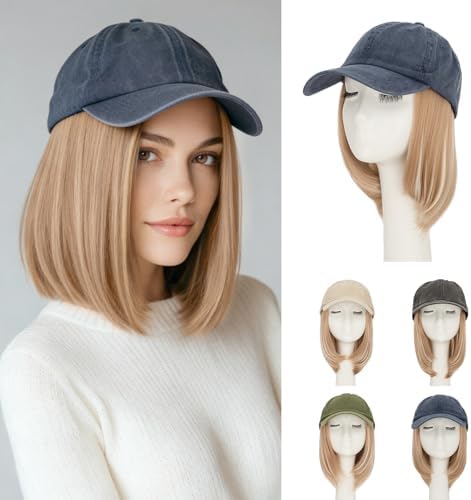 Rich Choices Hat Wigs for Women,Denim Blue Baseball Cap with Hair Extensions for Women,Short Bob Hairstyle Caps with Hair Attached Adjustable Baseball Cap Wig 6 Inch Highlighted Honey Blonde Hair by RichChoices