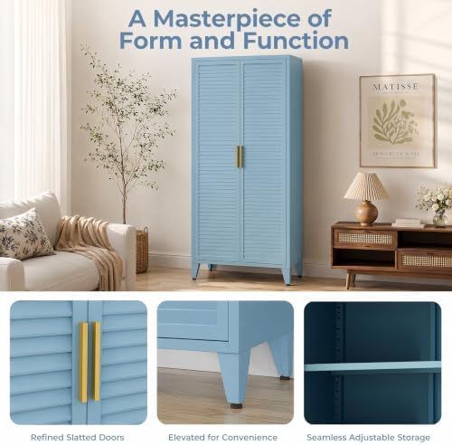 61" H Metal Storage Cabinet with Hanger Rod and 3 Shelves, Kitchen Pantry Cabinet, Tall Freestanding Utility Cupboard, Blue Steel Garage Cabinets for Tool Office Kitchen Bathroom School - Image 5