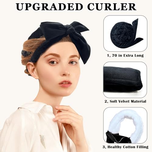 Gwabee No Heat Hair Curlers Overnight Curls Headband - 70" Soft Ribbon Curl Wrap for Long Hair, 9 PCS Curling Rod Set with Bonnet - Black - Image 3