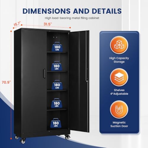 Yizosh Wheeled Metal Garage Storage Cabinet,Lockable Files Storage Cabinet - Image 3