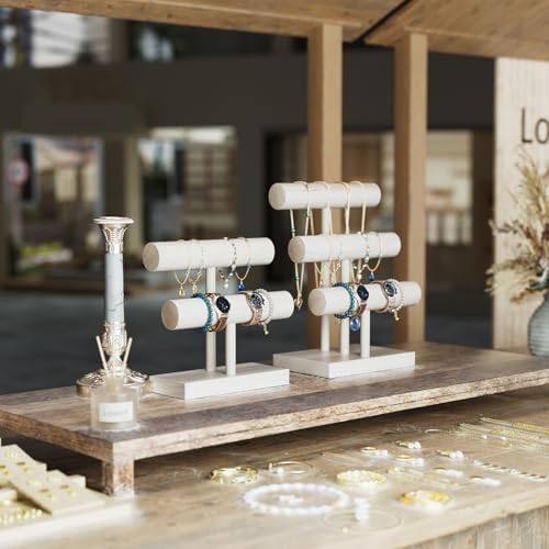 ProCase Bracelet Holder Display Bracelet Organizer, Wooden Bracelet Stand for Selling, T-bar Bangle Storage Rack Wood Watch Display Tower for Business - 2 Tier, White - Image 7
